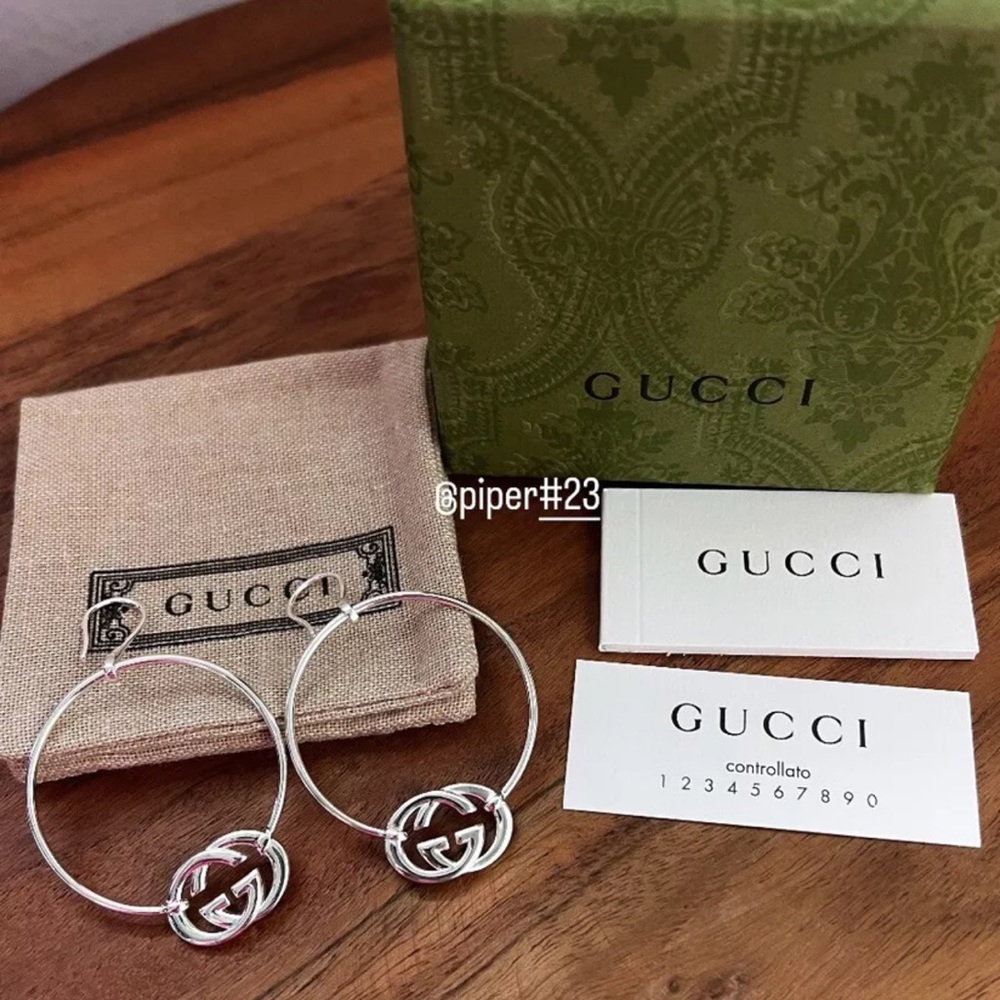 NWT 100% Authentic GUCCI Trademark GG Sterling Silver Hoop Earrings - Picture 5 of 10